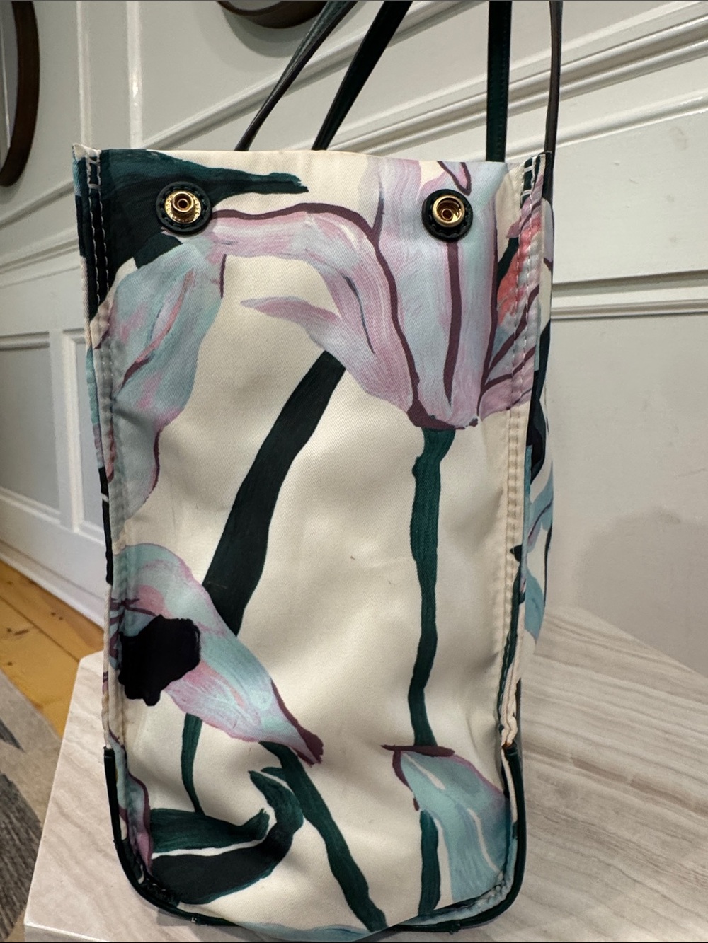 Tory Burch Bag Small Ella Limited Edition Floral Tote with Green Leather Trim - Picture 7 of 17